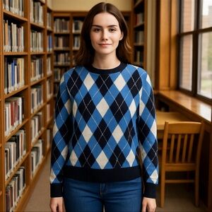 Modatutkusu Blue Black & White Argyle Crewneck Sweater Womens Size Large